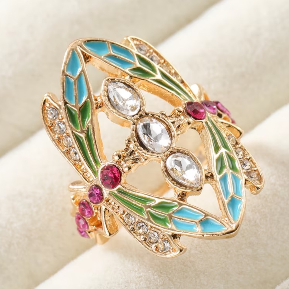 Gold-Tone Dragonfly Crystal Ring with Turquoise & Green Enamel